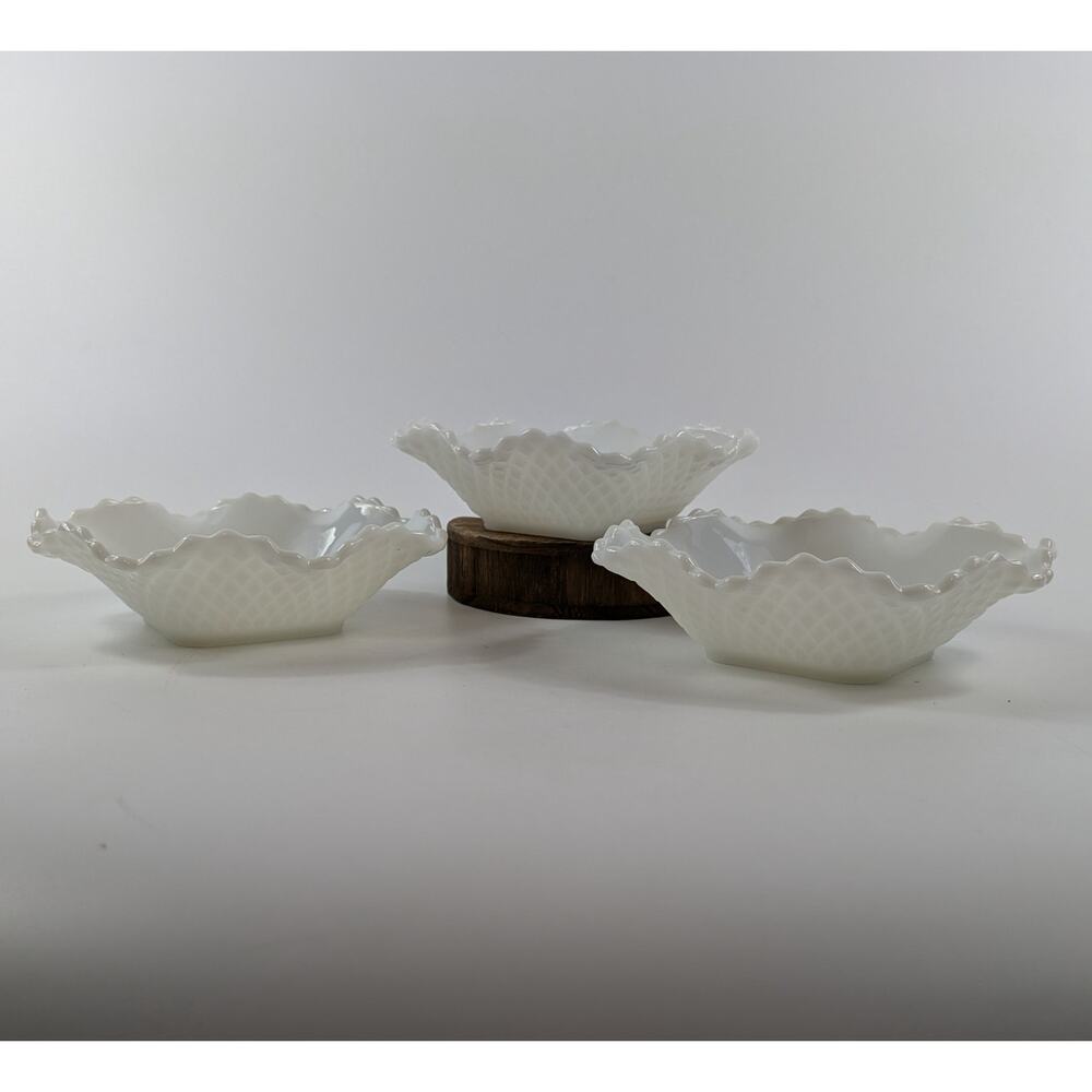 Hazel Atlas Candy Bowls Vtg Milk Glass Diamond Quilt Cut Home Decor MCM Ruffle